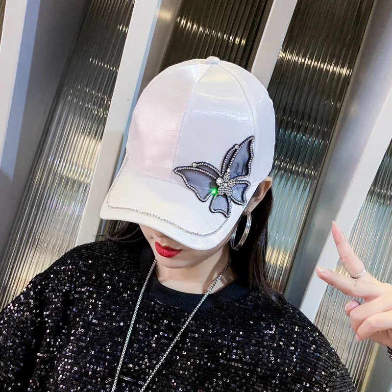 Butterfly Rhinestone Satin Baseball Cap, Luxury Glossy Surface Duckbill Hat, Ladies Spring Summer Casual Trendy Hat