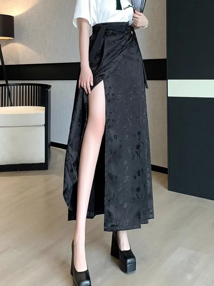 New Chinese Style Women High Waist Pleated Skirt Vintage Design Lace Up Solid Color A-Line Long Skirts Elegant Lady Casual Skirt