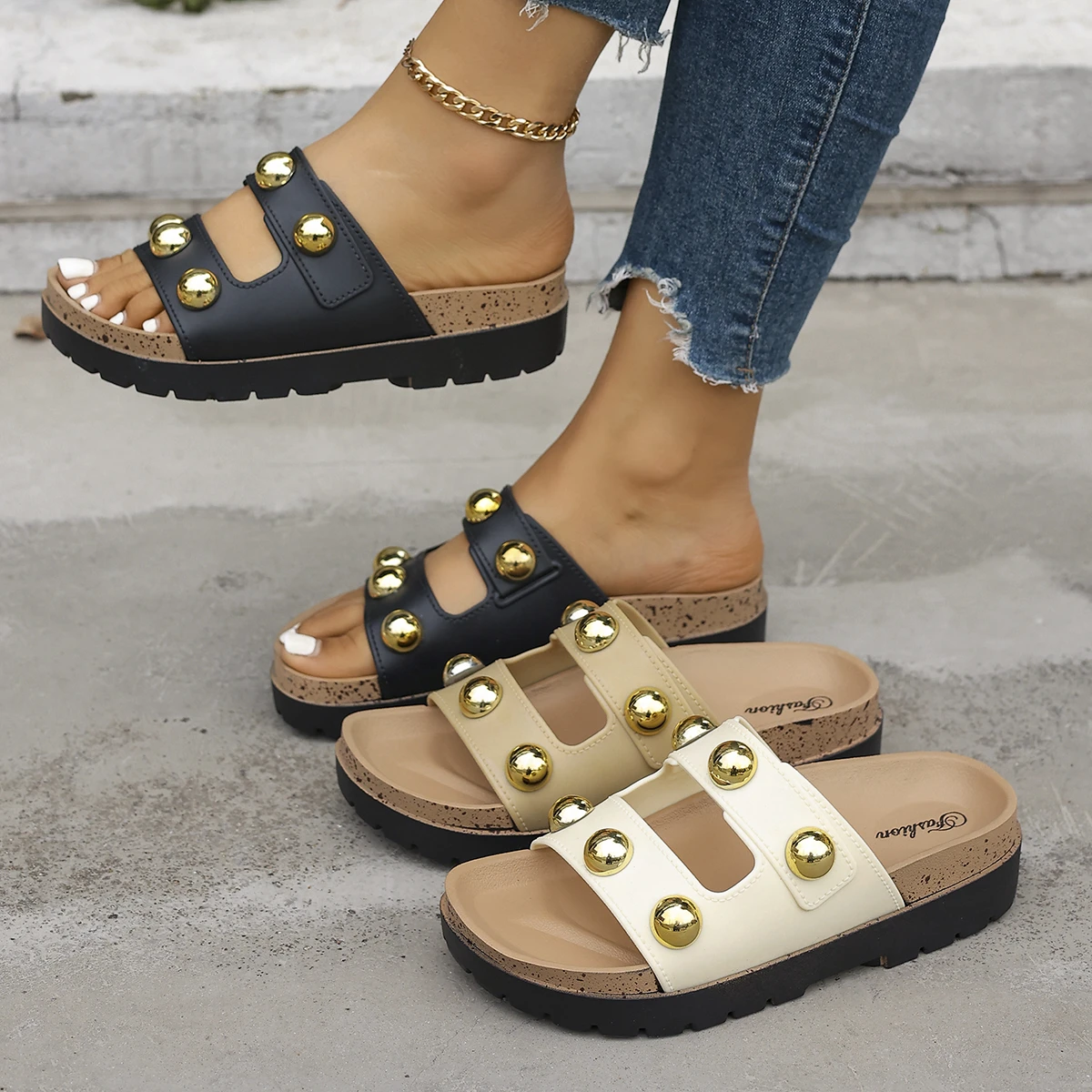 Summer Women Gold Studded Double Strap Slide Sandals Non-Slip Thick Sole Cork Footbed Beach Daily Casual Walking Shoes