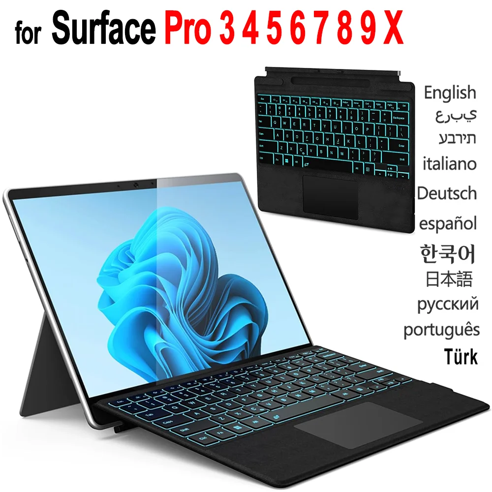 For Microsoft Surface Pro 8 9 10 11 X 13.0-inch Keyboard for Surface Pro 3 4 5 6 7 12.3 Slim Backlit Trackpad Magnetic Keyboard