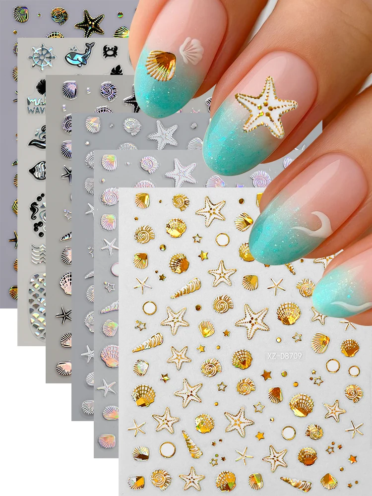 12PC noir or coquillage/étoile de mer autocollant pour ongles 3D Laser été cocotier/sirène/lettre autocollant pour ongles bricolage plage-thème NailSlider