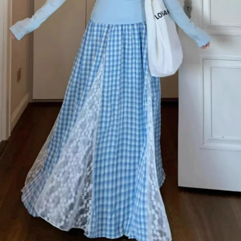 

Spring and Summer Lace Stitching Blue Plaid Skirt High Waist Skirt