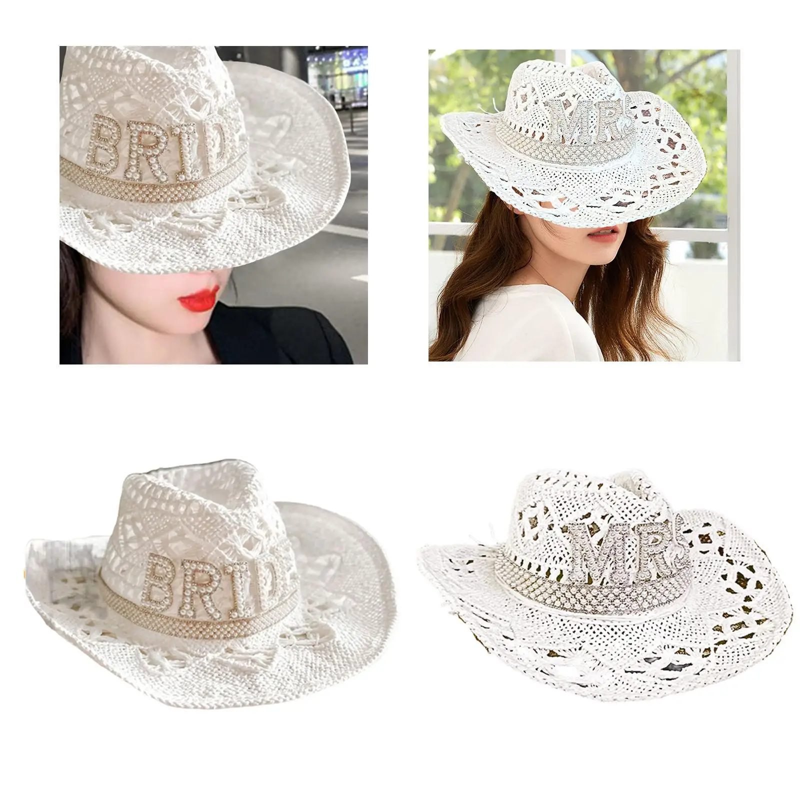 Western Style Cowgirl Hats Costume Sunhat Fancy White Adult Women Hat for Bridal