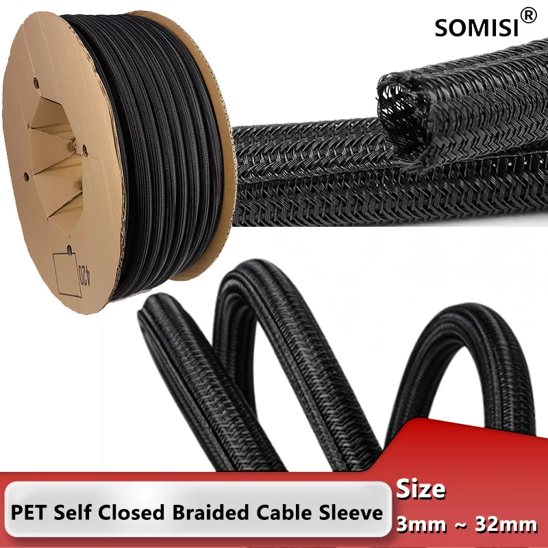

3-32mm Black Tube Cable Flame Retardant Self-Winding Cable Sleeve PET Expandable Braided Sleeving for Wire Protection 3~50M
