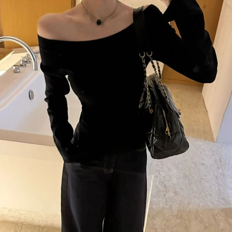 Coreano solido collo inclinato sexy spalle scoperte pullover lavorato a maglia con spacco da donna Top primavera autunno moda versatile maglione sottile sottile