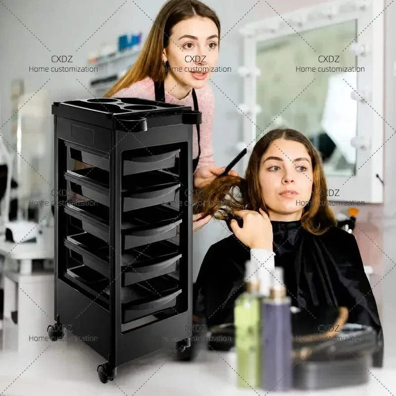 5 Layer Hairdressing Cart with Dye Bowl and Dryer Holder 360 Degree Rotating Mobile Storage Trolley PP Material for Salon