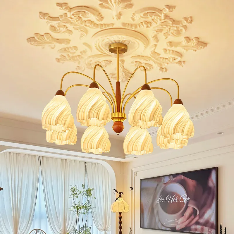 Medieval style living room chandelier cream style petal bedroom light American retro rubber solid wood dining room lamp