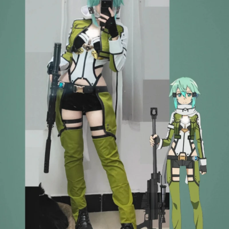 SAO Sword Art Online GGO Sinon Cosplay Costume Black Hooded Jacket Utility Belt Knee Pads Pouch Set For Women Halloween Party view 3