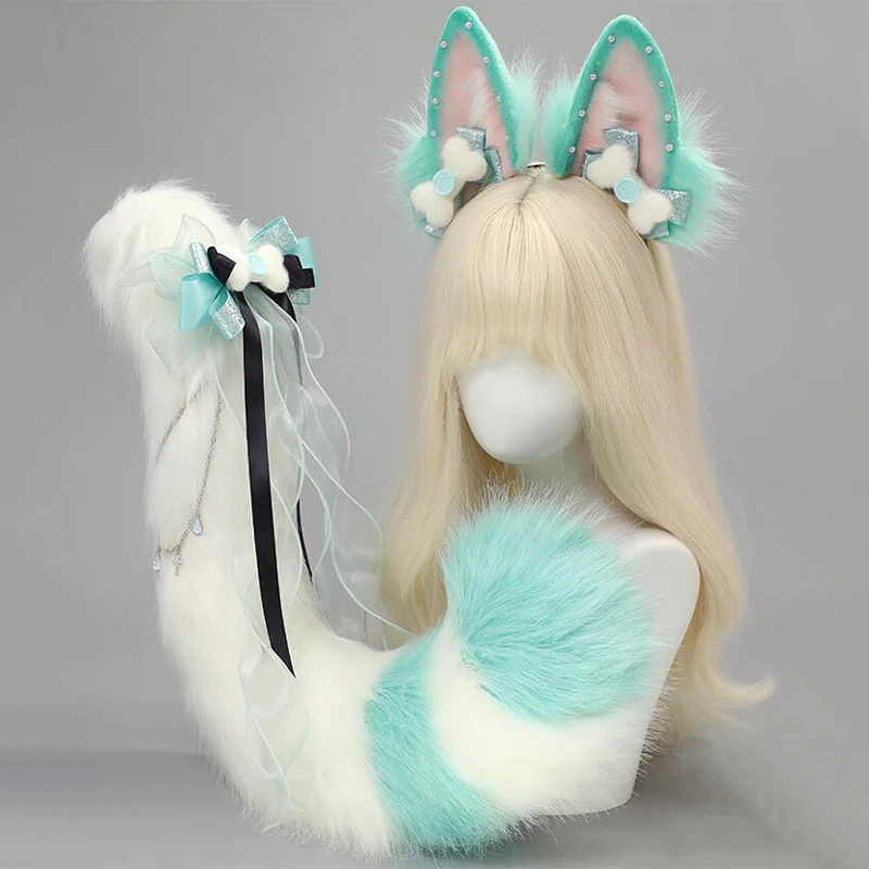 

Hand-made Realistic Fluffy Fox Ear Headwear Faux Fur Wolf Tail Plush Cat Claw Gloves Lolita Anime Exhibition Cosplay Props