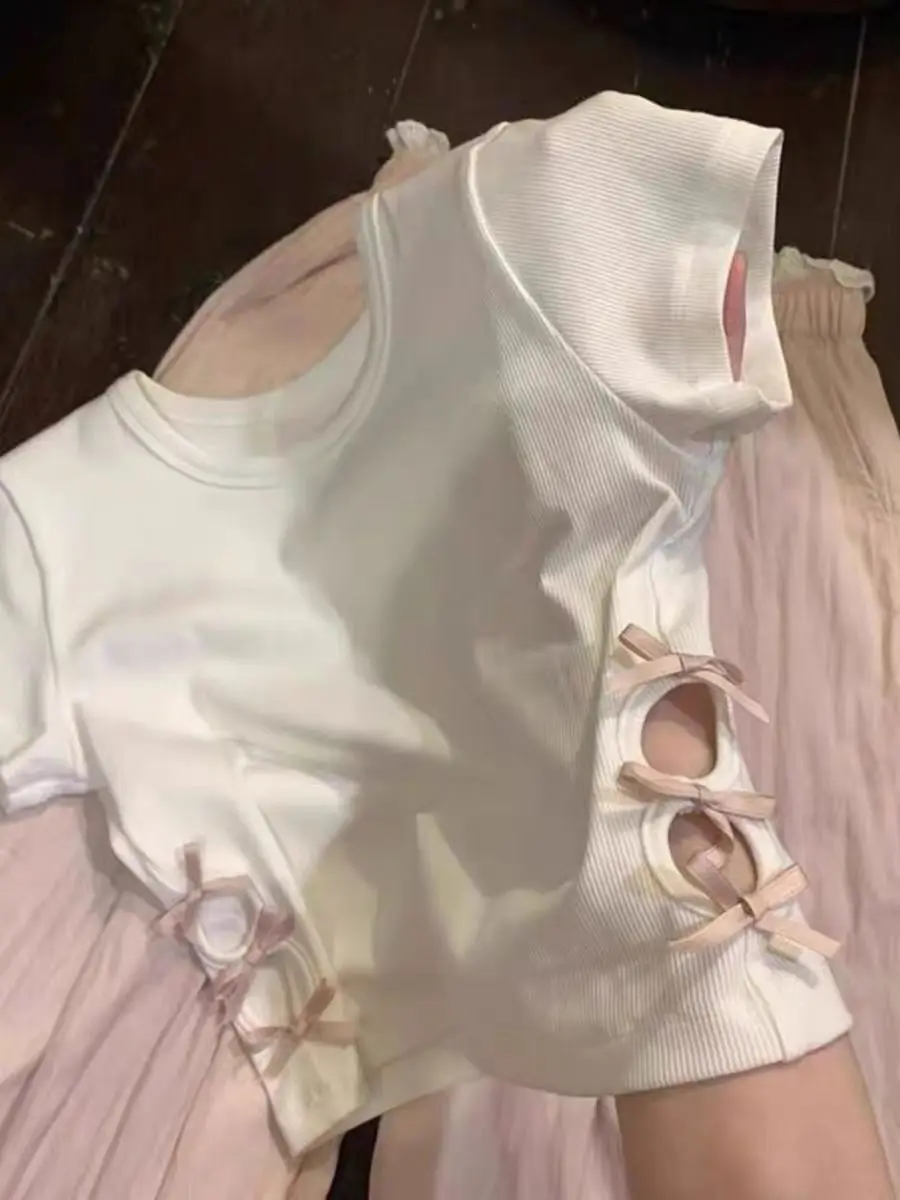 

Белая женская летняя футболка с коротким рукавом и узлом, приталенная, уникальная, очень милая, в корейском стиле, из хлопка, с круглым вырезом