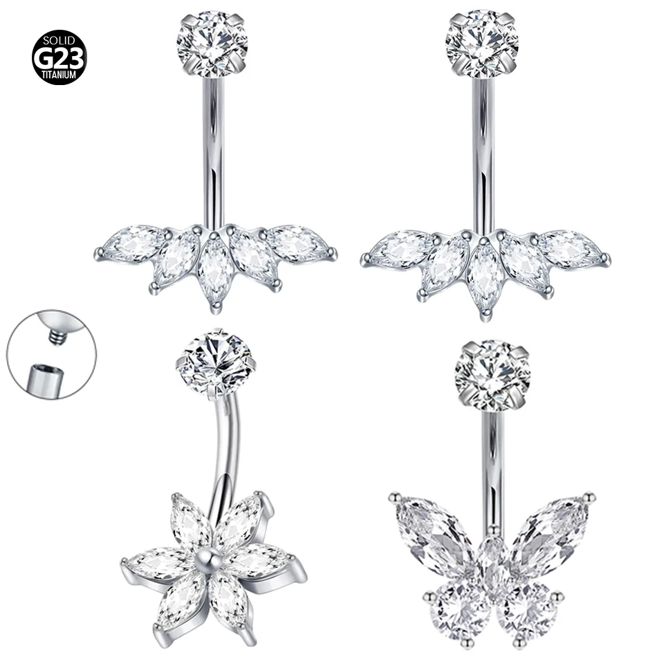 1Pc Titanium Sexy Belly Button Ring Navel Piercing 14G Zircon Internally Threaded Navel Curved Barbell Ring 10mm Length