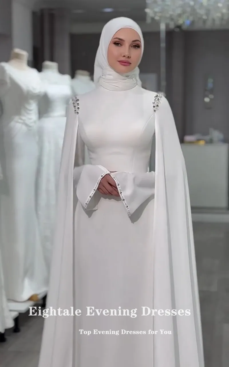 Eightale vestido de casamento árabe frisado personalizado marfim cetim mangas compridas vestido de noiva muçulmano sereia vestido de festa de noiva