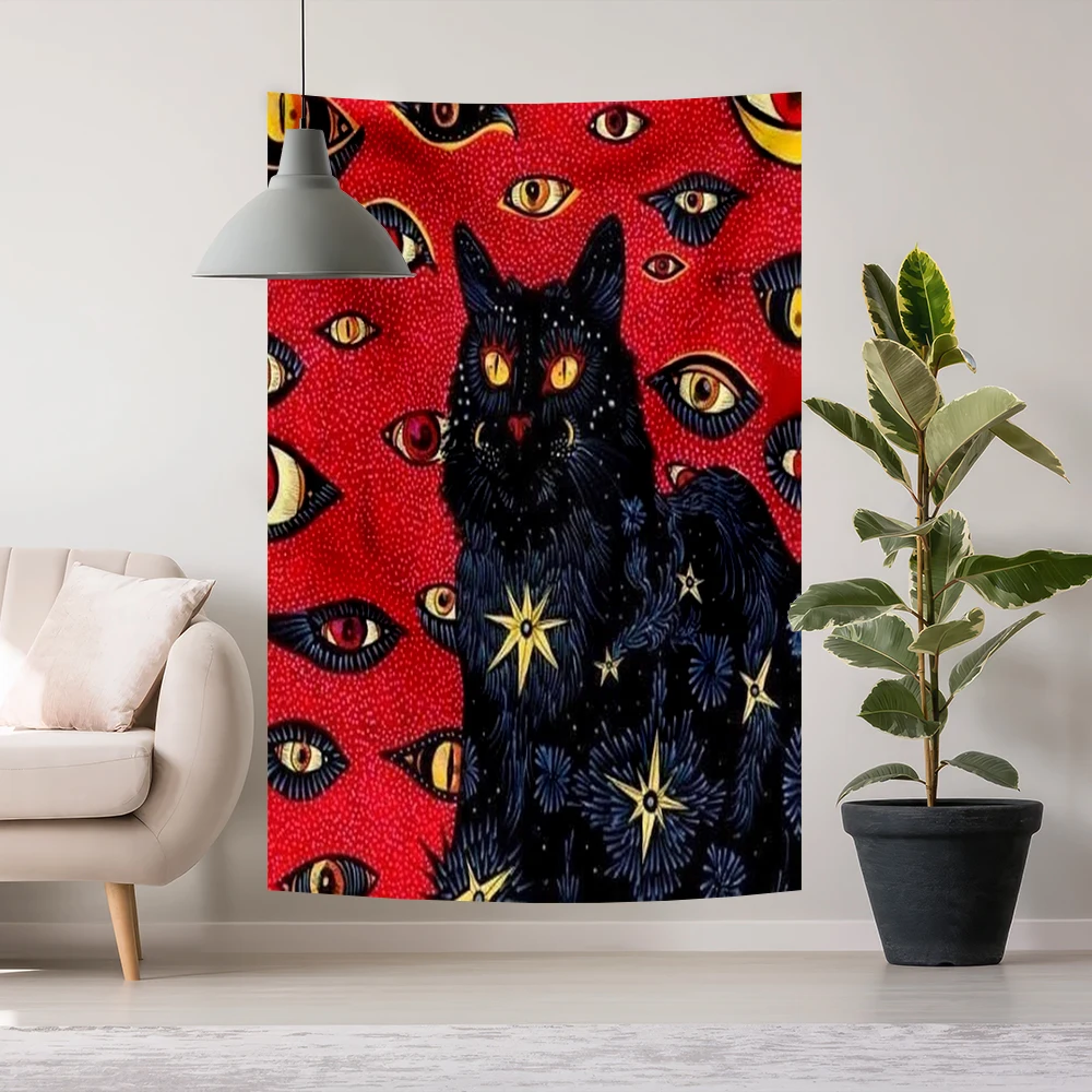 Psychedelic Cat Tapestry Wall Decor Printed Art Wall Hanging Room Living Room Drom Decor Aesthetic Cute Gift Flags