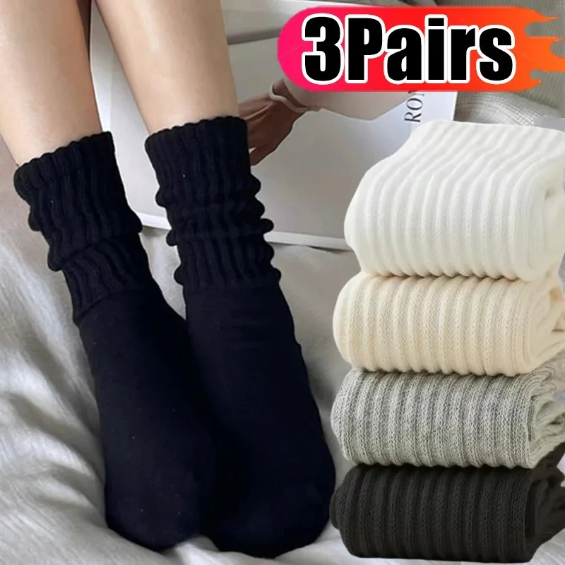 Knitted Socks Loose Crochet Women Casual Black White Gray Solid Middle Tube Sock Lolita Sox Girls Cotton Boot Cuff Ruffles Socks