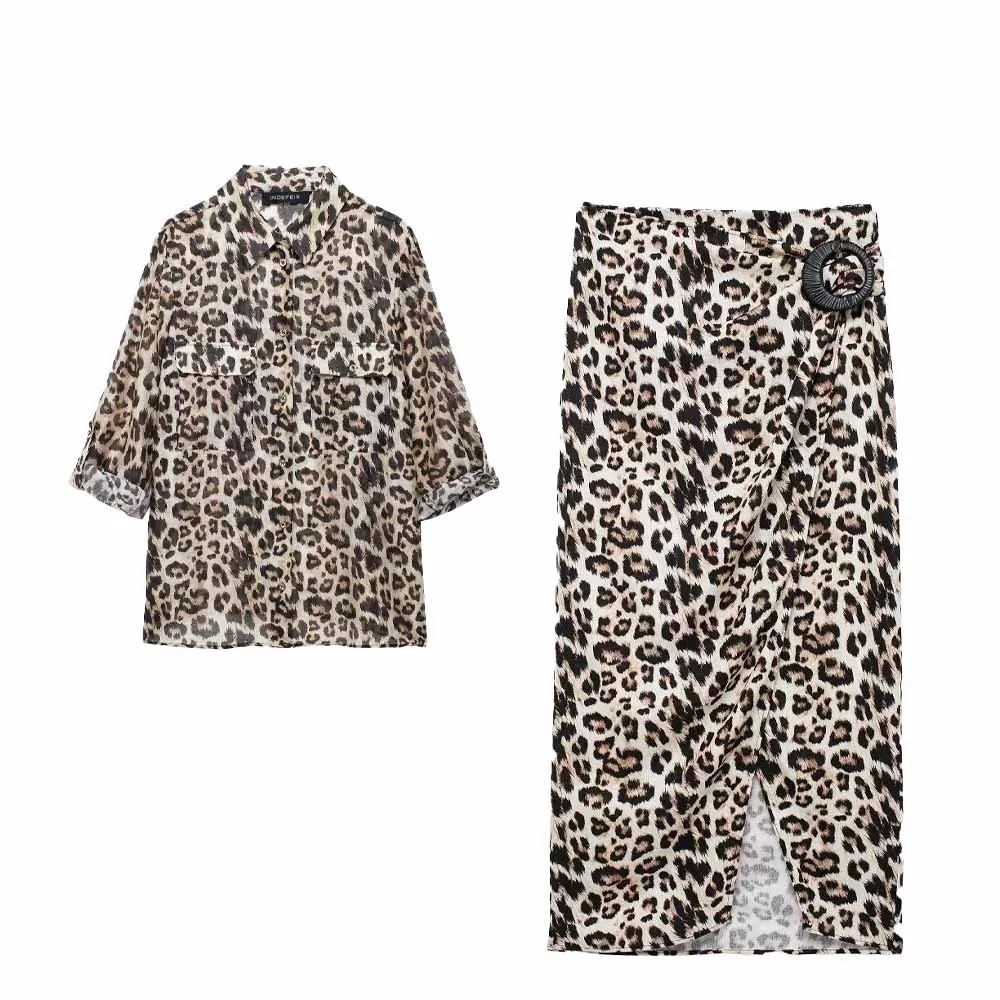 Anzug Damen 2 Stück 2024 Mode Retro Animal Print Shirt Langarm Bluse Split Design Midi Überrock Anzug.