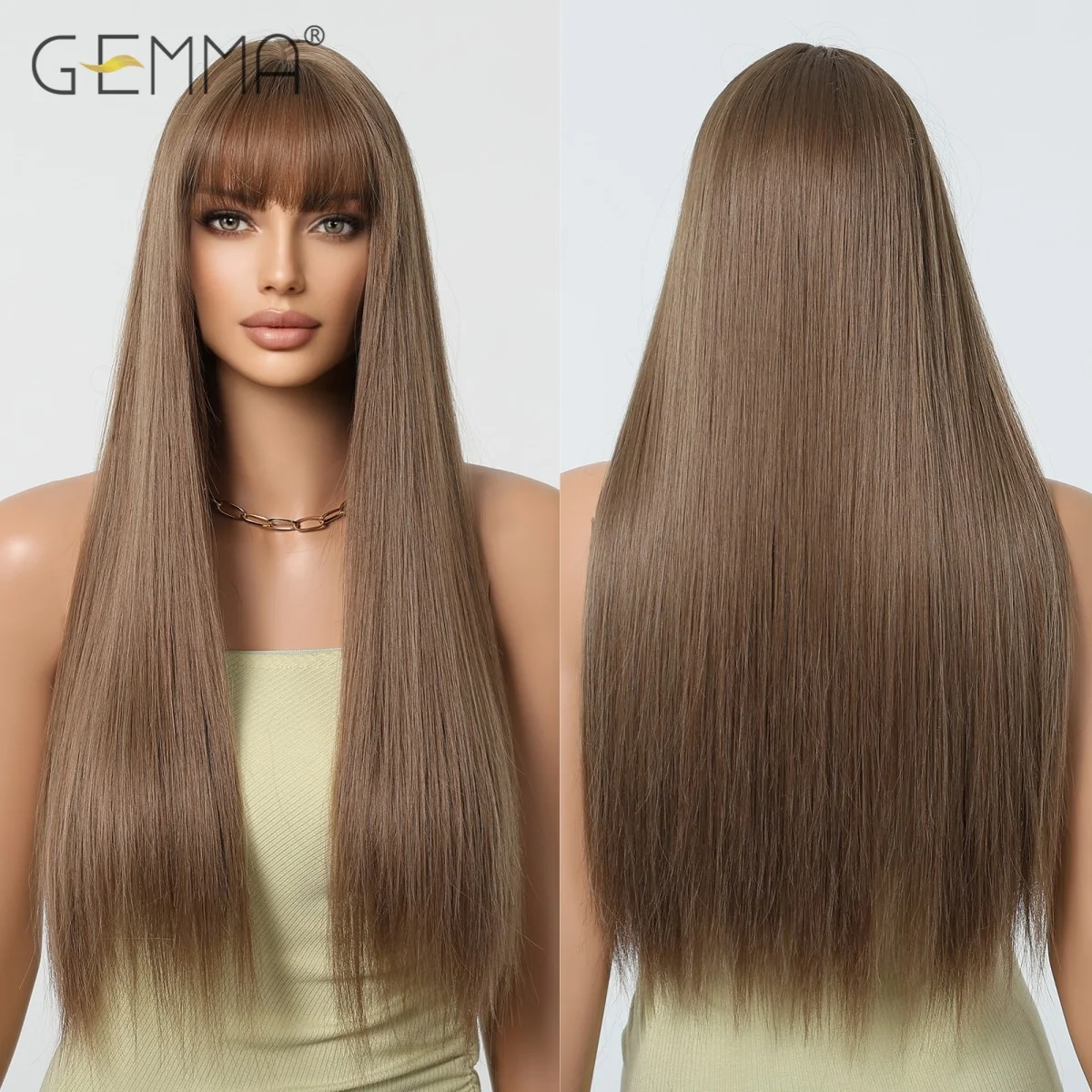 GEMMA Long Straight Synthetic Ash Light Brown Wig with Bangs Natural Hair Cosplay Daily Use Wigs for Women Heat Resistant Fibre