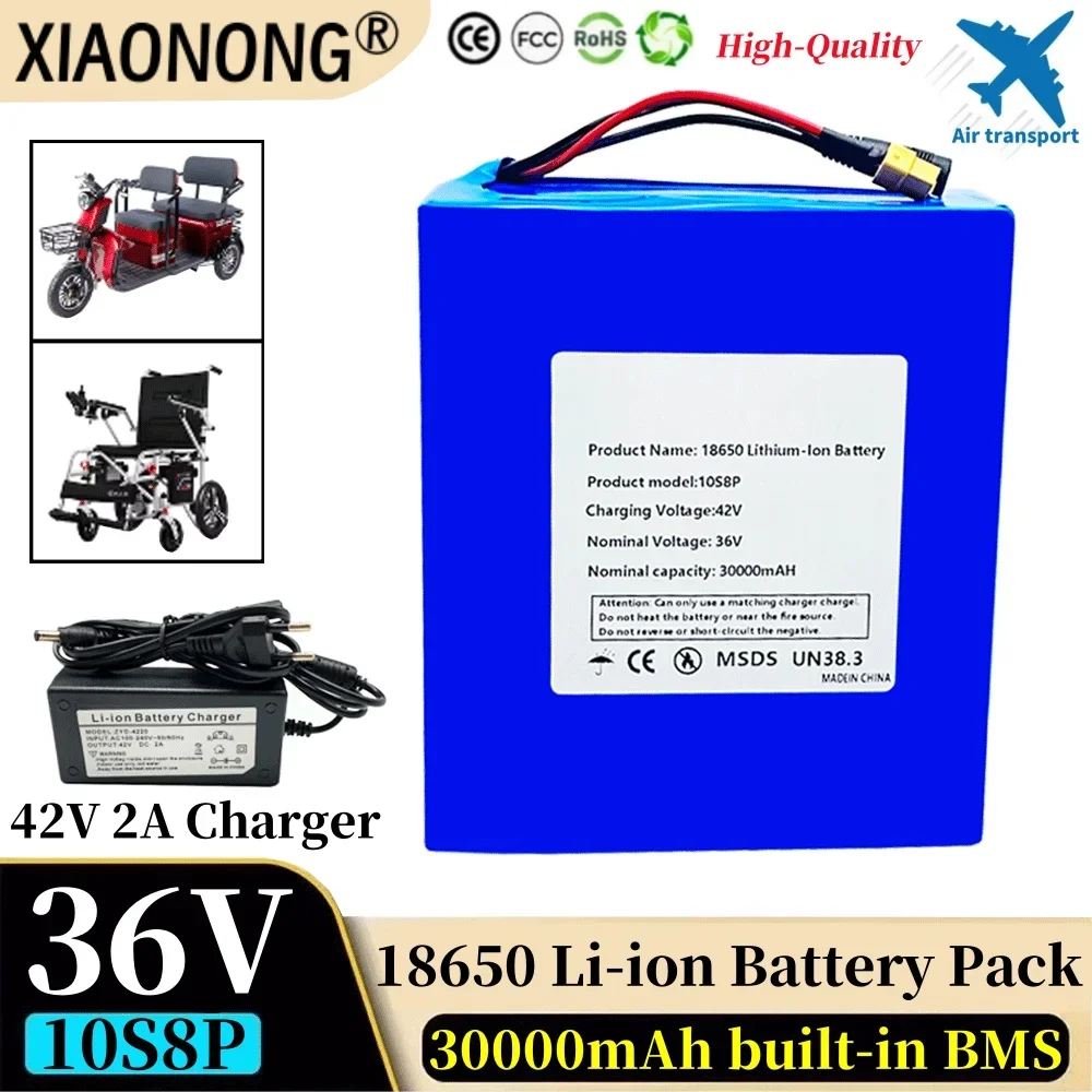 

36V 30Ah 18650 10S8P A-class lithium battery pack, 1500W built-in BMS, suitable for various energy storage backup+42V 2A Charger