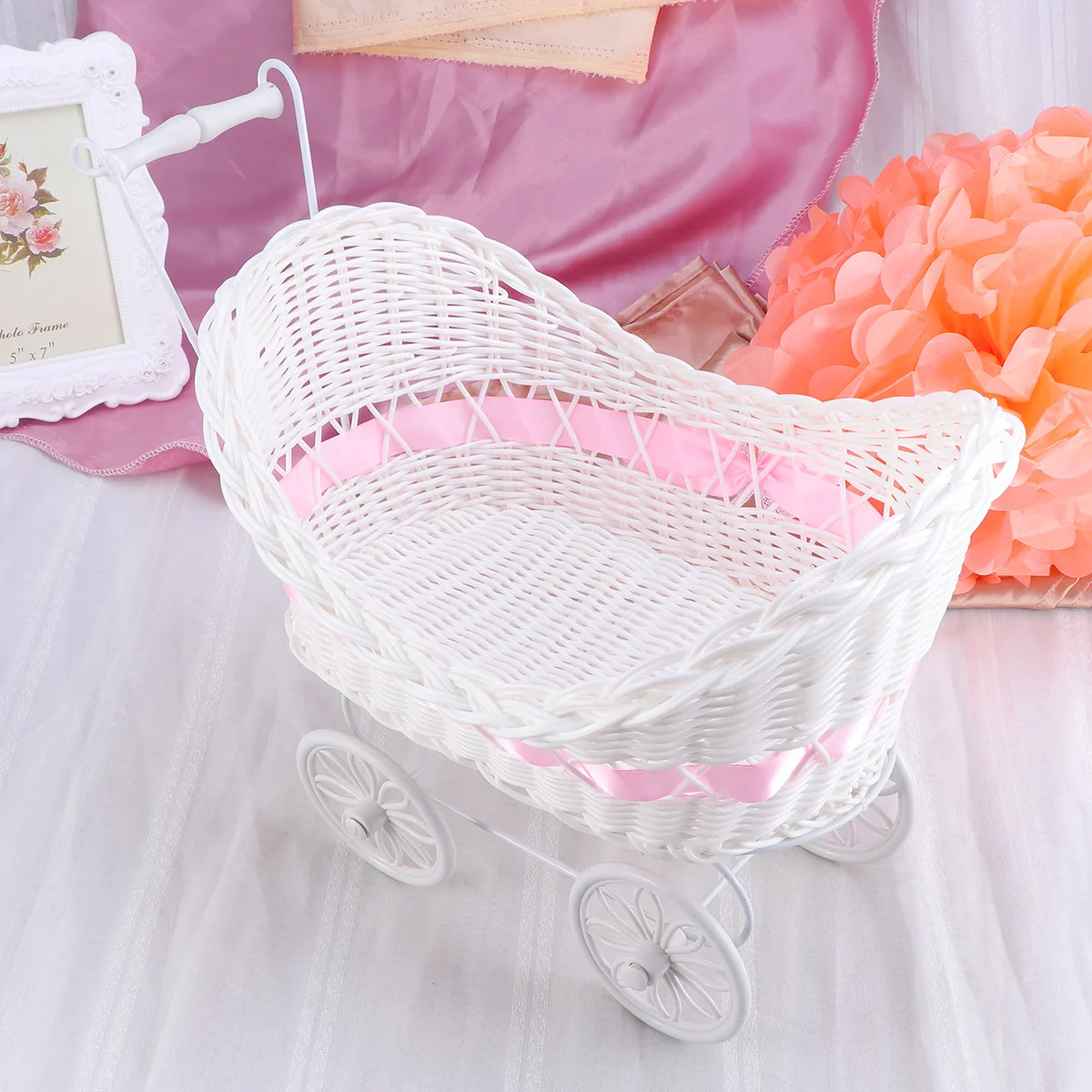 

Tricycle Pushchairs Mini Woven Basket Baby Shower Stroller Centerpiece Cane Tricycles