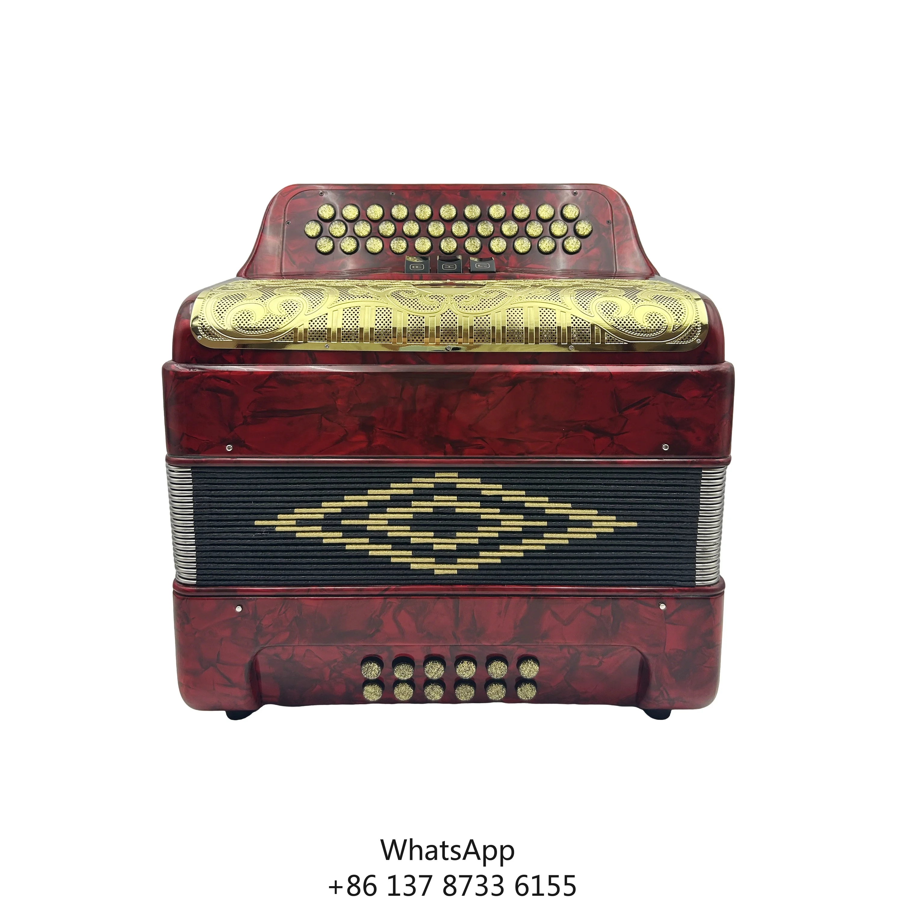

Professional Diatonic 34-Button 12-Bass 3-Register Accordion JB3412C Red Celluloid Body Gold Grill Gold Buttons