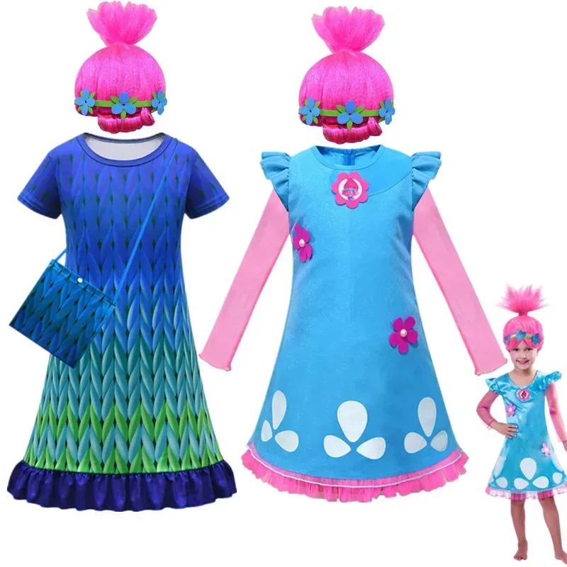 Vestidos de Trolls 3 para niñas, disfraz de princesa, cosplay de Trolls, vestidos de fiesta de Poppy, vestido de fantasía para Halloween, Cosziy