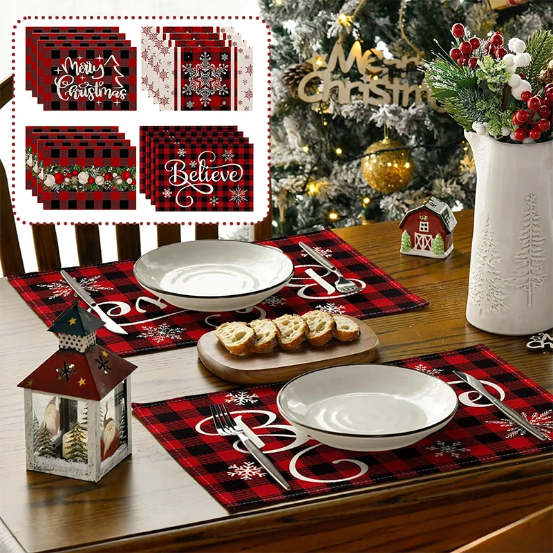 4PCS Christmas Tree Snow Christmas Placemat Winter Placemat Kitchen Dining Decoration