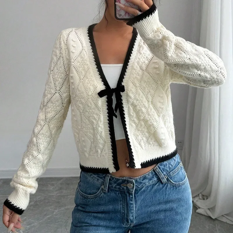 

Talenza White Bow Cardigan Women's Fashion Casual Loose V-neck Tie Sweater Female New Office Lady Sweater Jacket 2025 Outfits