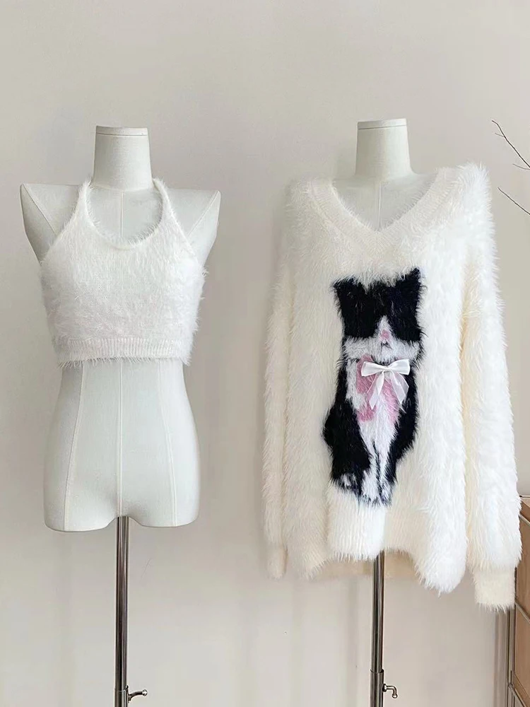 Winter Korean Fashion Woman Cashmere Sweater Two Pieces Set Oversize Knitwears Kawaii Thick 2000s Aesthetic Cozy Cutecore Design