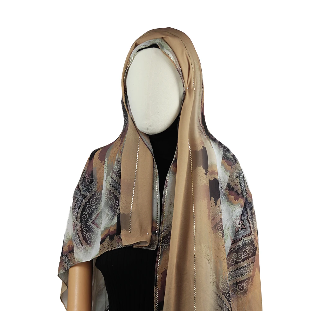 Foulard arabe en mousseline de soie pour femmes, imprimé strass doux, Beige marron gris artistique Hijab2519