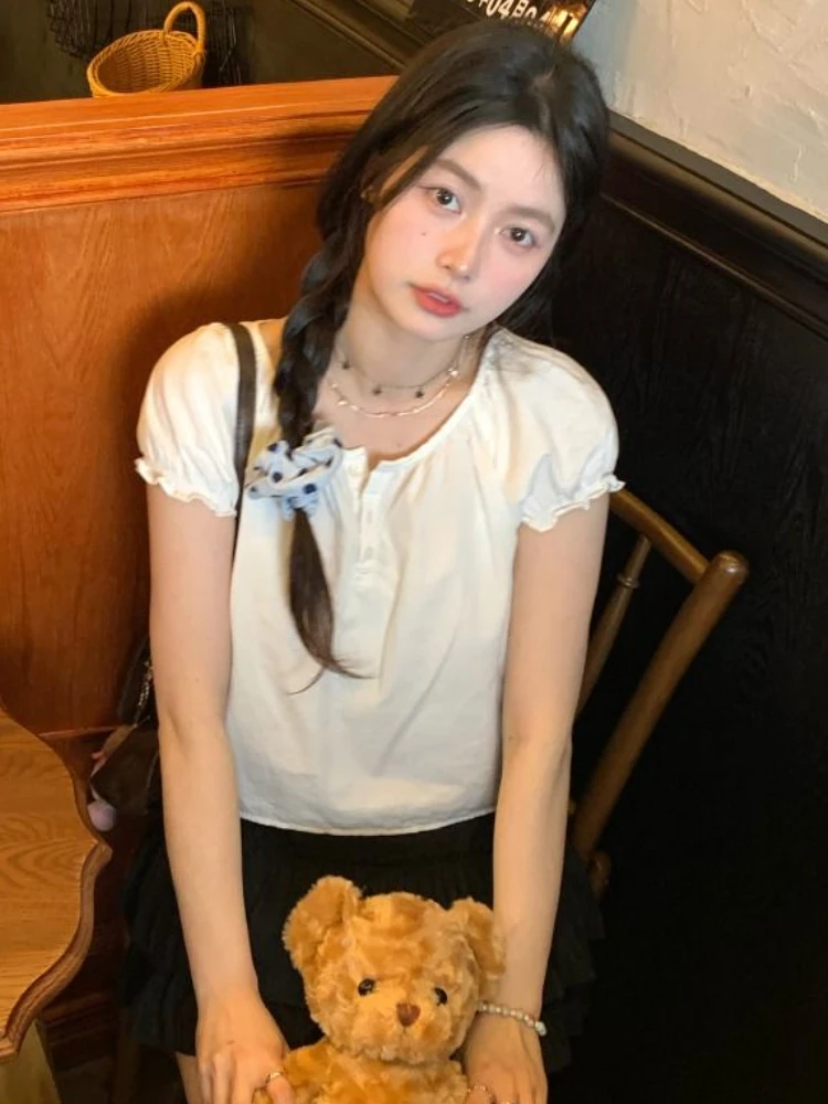 Blouse Women Summer Puff Sleeve Design Leisure All-match Princess Ladies Tender O-neck Daily Students Hotsweet Fashion Ulzzang