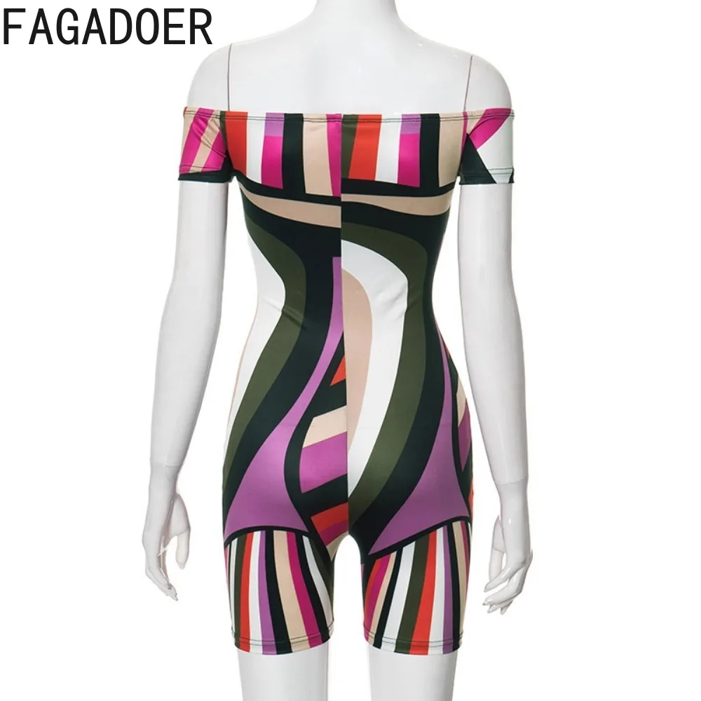 FAGADOER Sexy Colorful Stripes Print Off Shoulder Bodycon One Pieces Rompers Women Backless Short Sleeve Slim Jumpsuits 2024 New