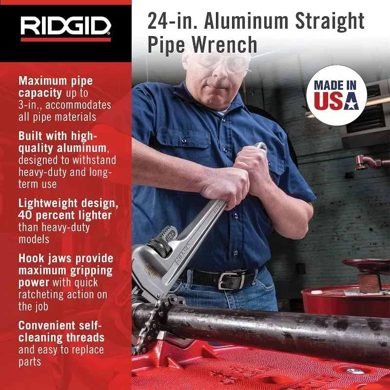 RIDGID 31105 Model 824 Aluminum Straight Pipe Wrench, 24-inch Plumbing Wrench, grey