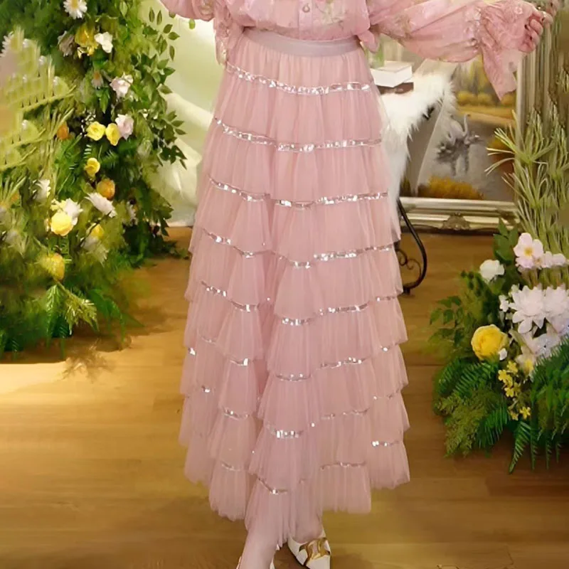 Super Beautiful Spring and Autumn New Eight-layer Mesh Sequin Splicing Heavy Industry High-waist A-line Sweet Cake Skirt
