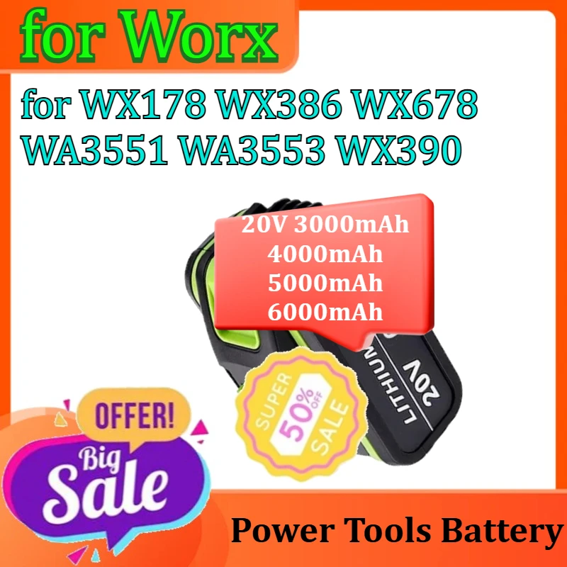 

Power Tools Replacement Battery for Worx WX178 WX386 WX678 WA3551 WA3553 WX390 WX176 Lithium Battery 20V 3000mAh-6000mAh
