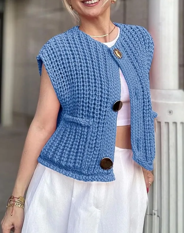 Fashion Women\'s Summer  Sleeveless Cardigan Sweater Tops Round Neck Solid Color Button Up Knitwear Streetwear maglieria