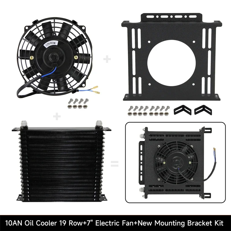 

Black/Blue 19 Row Oil Cooler Transmission 10AN 7/8"-14 UNF + 7" Electric Fan Kit with New Type Mounting Bracket Kit