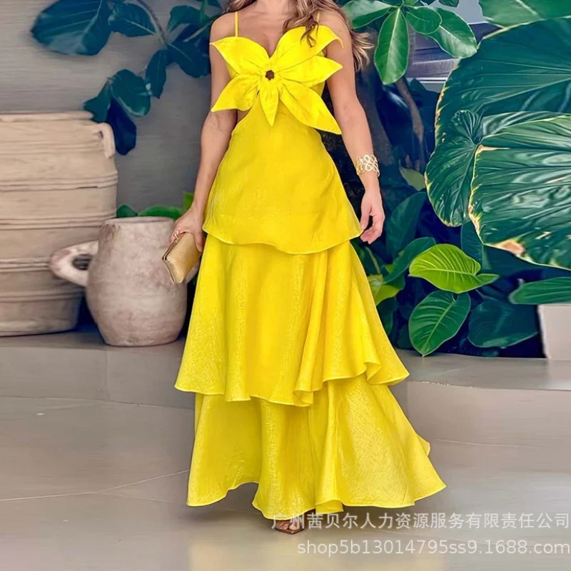 Floral Hollow Out Cami Dress Women Party Long Dresses Sling Sleeveless Slim Maxi Ruffles Backless A Line Vestidos Summer Elegant