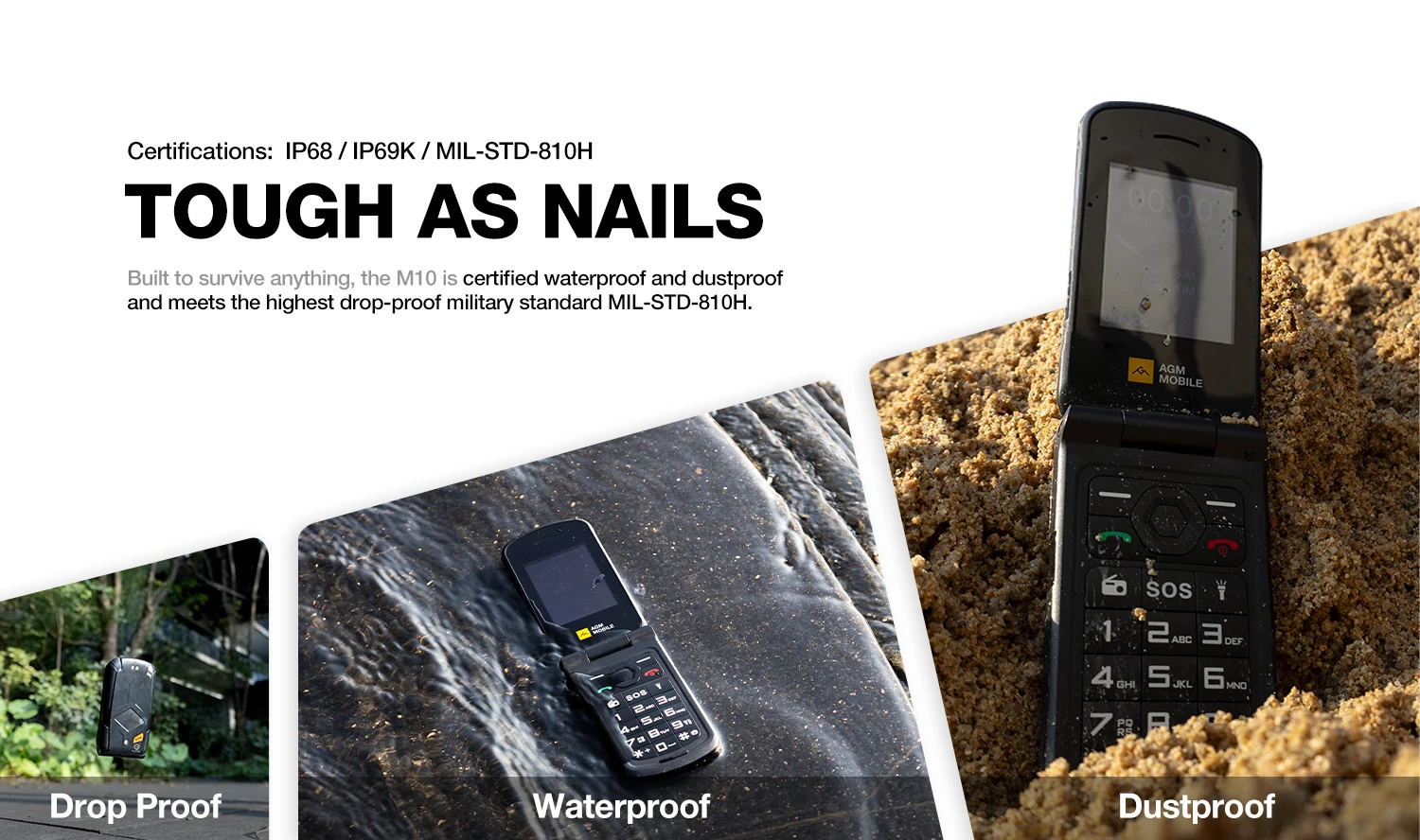 AGM M10 Rugged 4G Feature Phone Big Button Full Band Flip Phone Dual SIM Cellphone With Loud Speaker English or Russian Keyboard