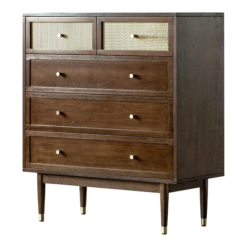 

Nordic Retro Solid Wood Rattan Chest of Drawers Japanese Style Silent Style Rattan Bedroom Locker of Bed End