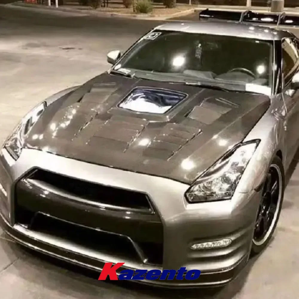 For Nissan GTR R35 CBA DBA CLR Style Vented Clear Glass Carbon Fiber Front Hood