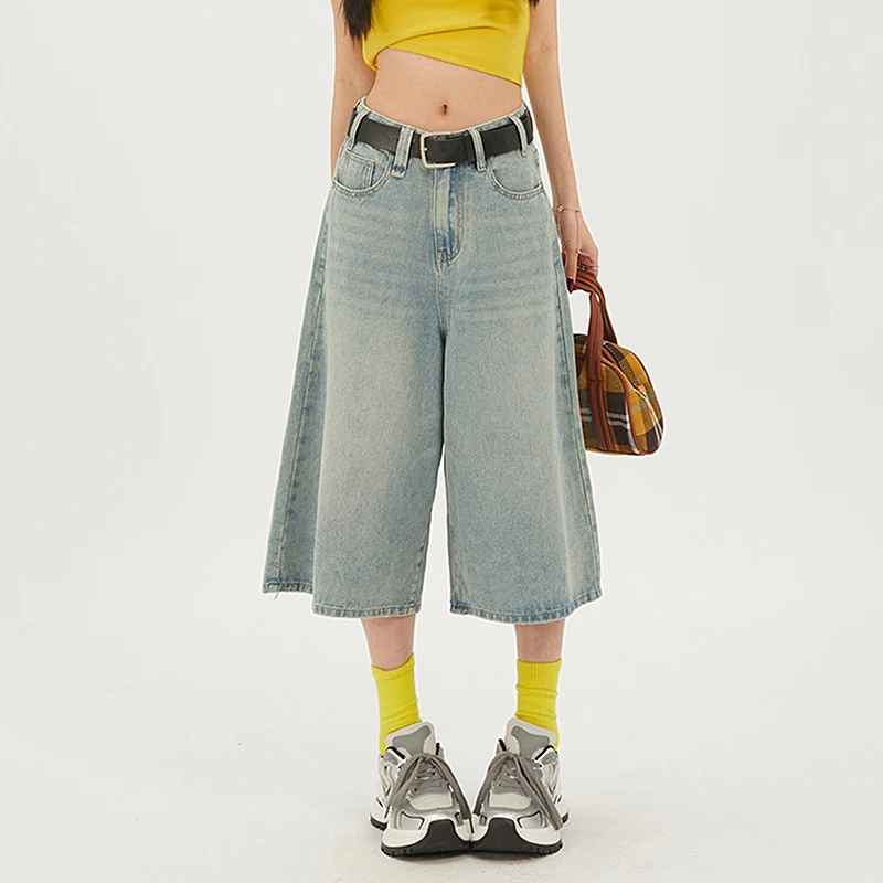 2024 Y2k Retro Women Low Waisted Black Wash Cropped Baggy Jeans Wide Leg Frayed Denim Short Pants