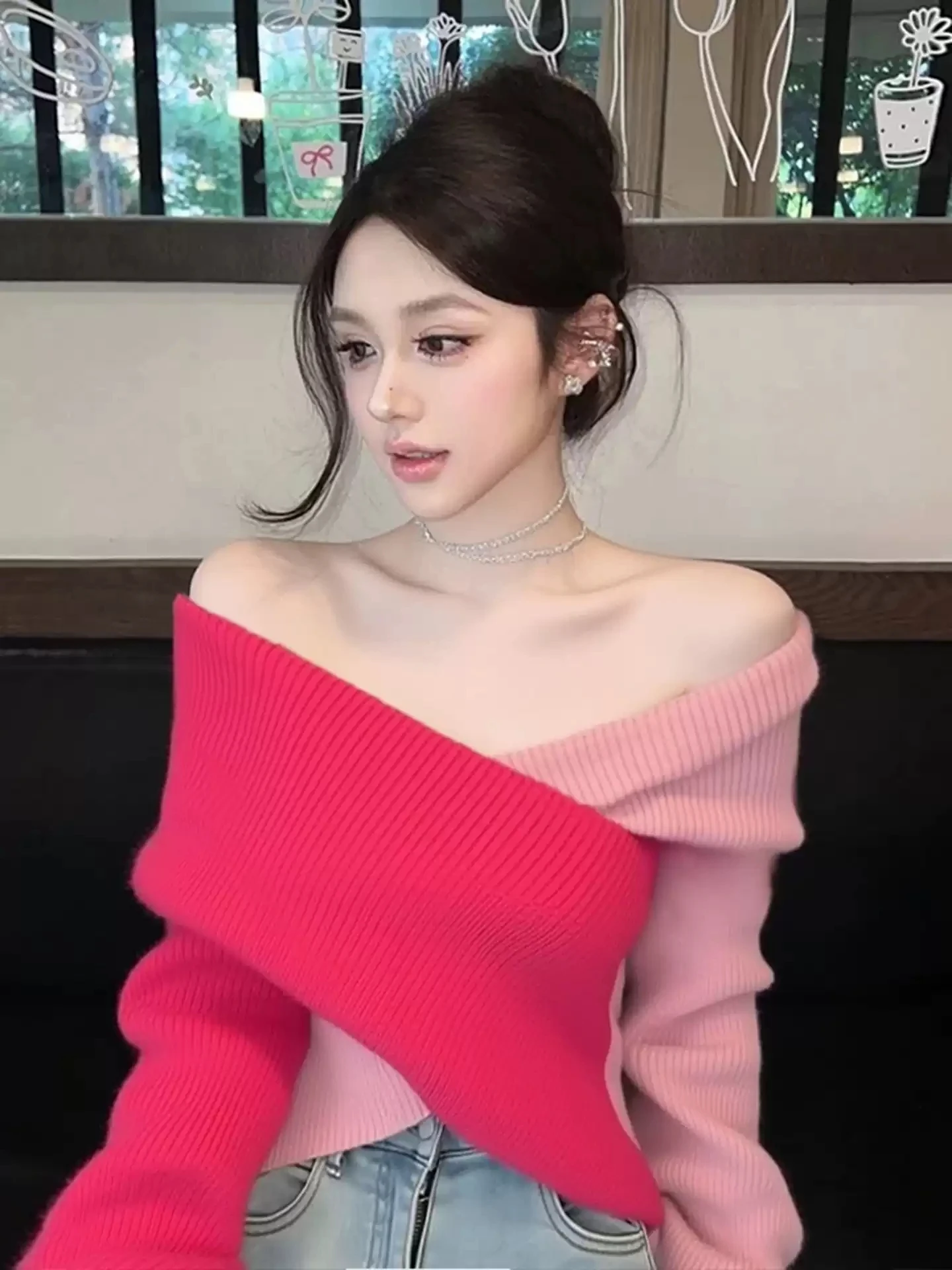 

Faionable Lazy Aosphere Pink Cross Splicing Top for Autumn Winter Thiened Knitted Sweater Sli Commute Slim Fit Wome...