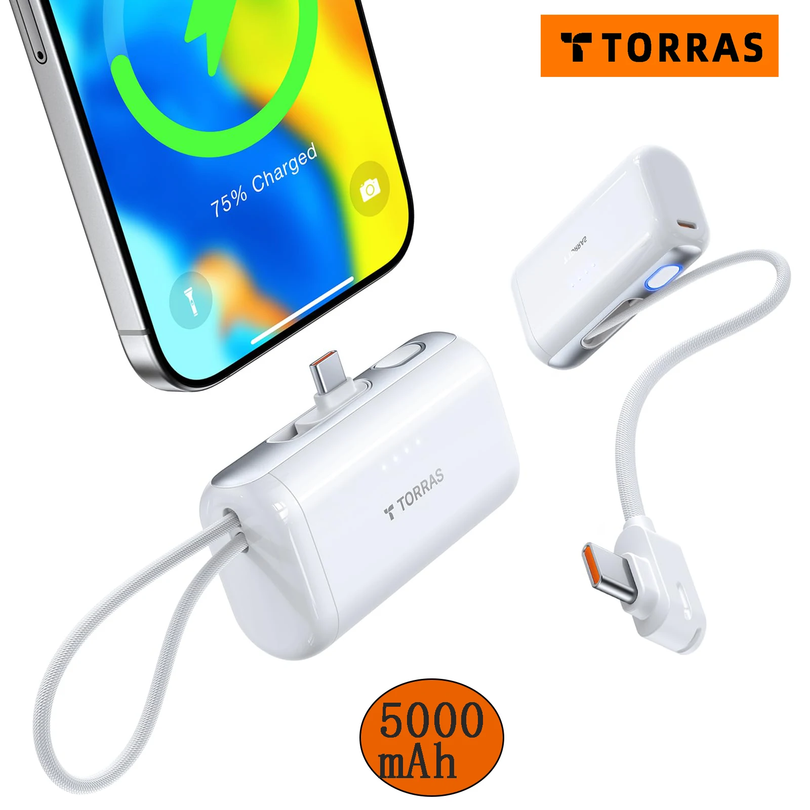 

TORRAS PogoMini Portable Charger 5000mAh 22.5W Fast Charge with Built-in USB-C Cable Power Bank for iPhone 16/15 Samsung, Google