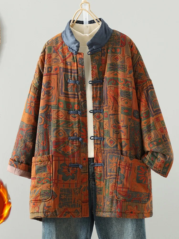 

Утепленная хлопковая куртка для женщин, зимняя верхняя одежда, хлопковая одежда с принтом на пуговицах, ретро-пальто с длинными рукавами и воротником-стойкой