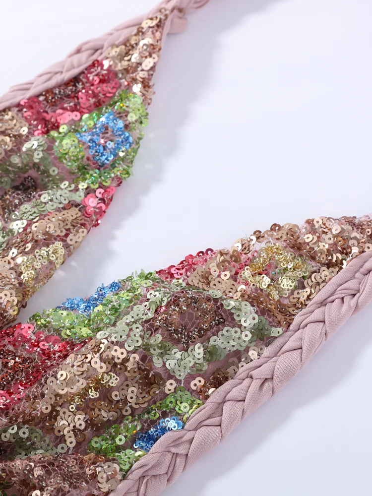 Mehrfarbiges Pailletten-Kreuzgeflochtenes Neckholder-Minikleid für Damen, sexy, tiefes V-Ausschnitt, ärmellos, rückenfrei, plissiert, mit Kopftuch, schmale Robe, Neu – Detail 5