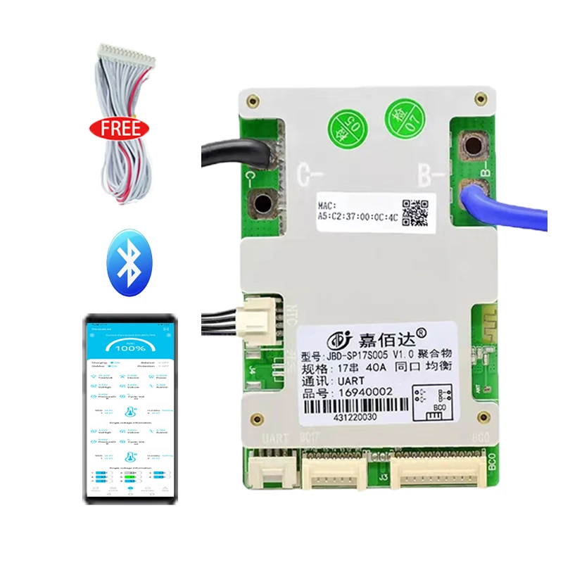 Batería Inteligente JBD BMS Lifepo4 16S 48V Li-ion 10S 36V 13S 48V 16S 60V 11S 12S 14S 17S NMC Ion LFP con Bluetooth Integrado para Bicicleta Eléctrica