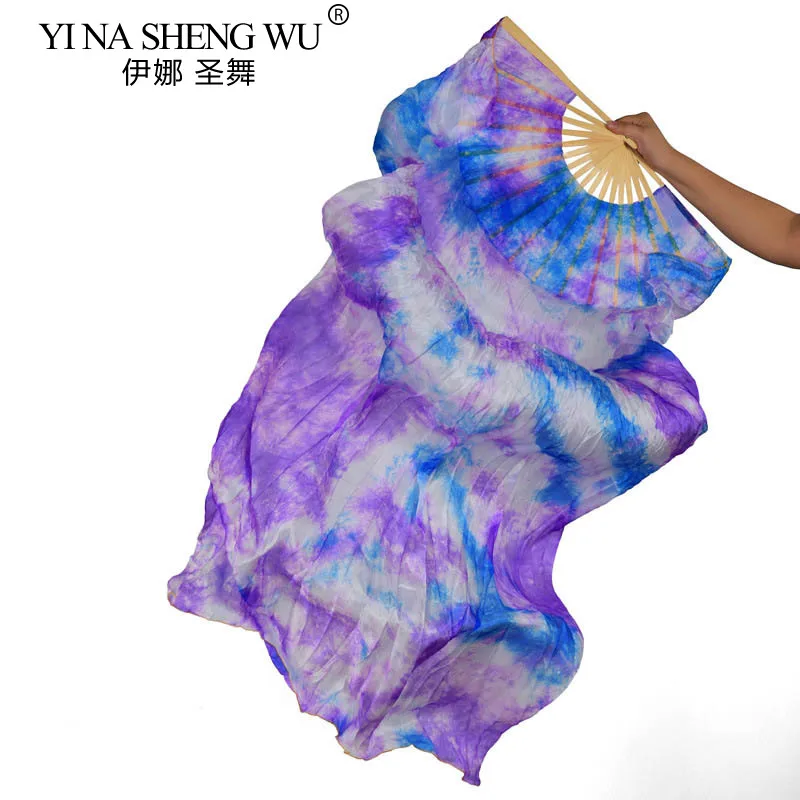Handmade seda tie dye fãs para performance de dança do ventre, véu de bambu natural, bambu real, alta qualidade, 1 par