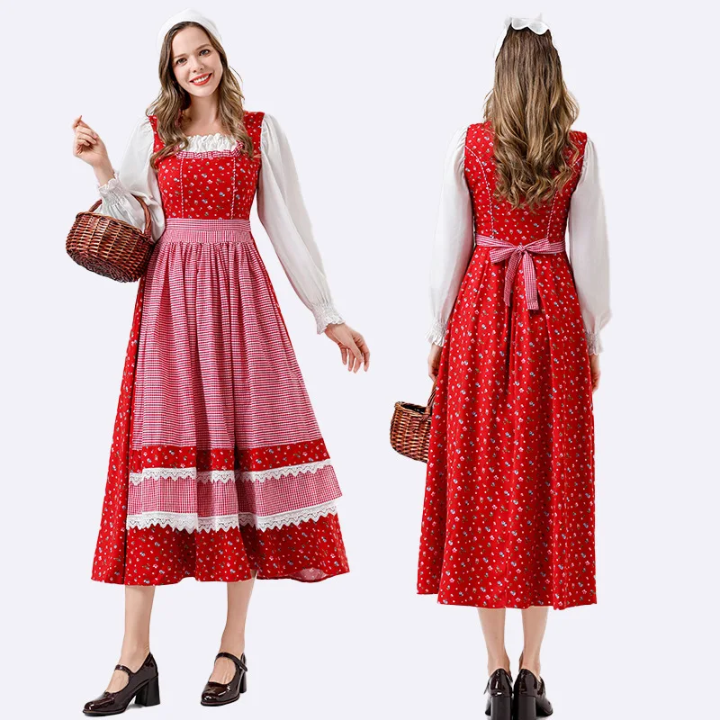 New Cosplay Farm Maid  Printing Dress with Hood Suits Costume for Women Fairy Tale Halloween Theme Party Role Playing Outfits