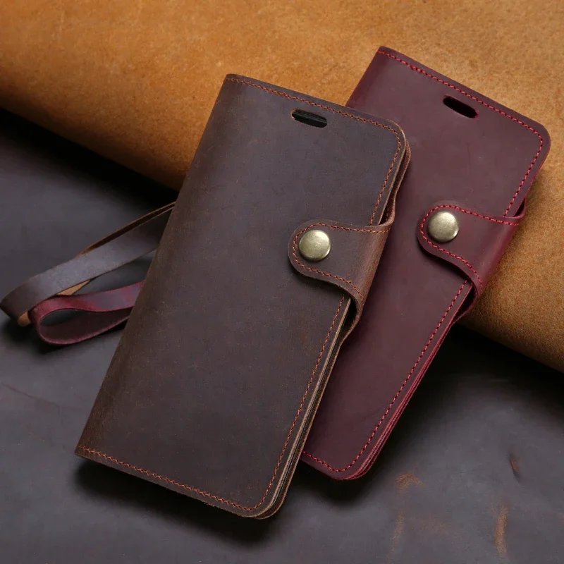 Genuine Pull-Up Leather Flip Phone Case For iPhone 16 15 14 13 12 Pro Max 11 Crazy Horse Buckle Slots Holder Wallet Cover Strap