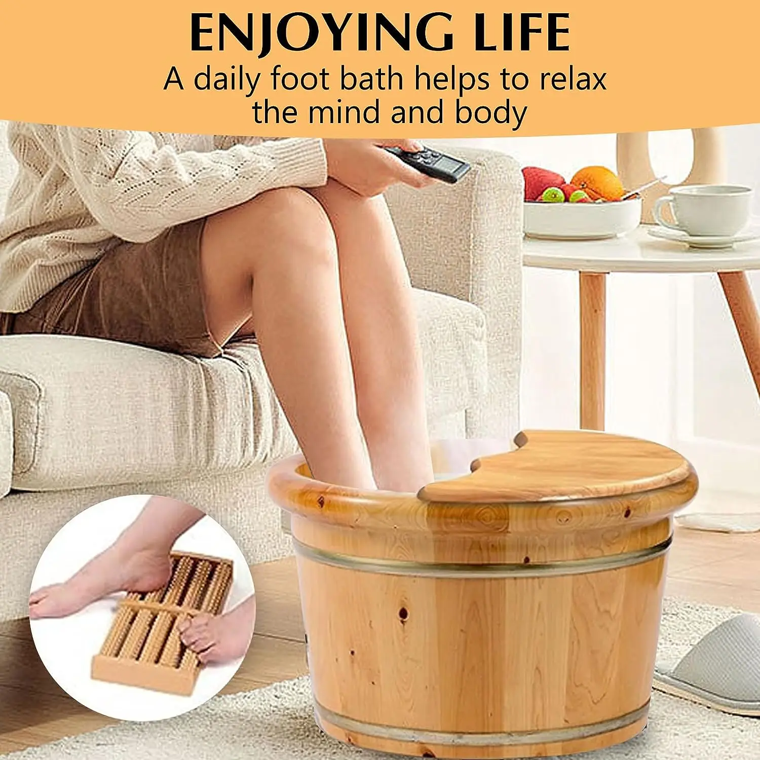 Foot Bath Barrel Natural Foot Basin Wood Bucket Bath Bucket W/ Massager Roller