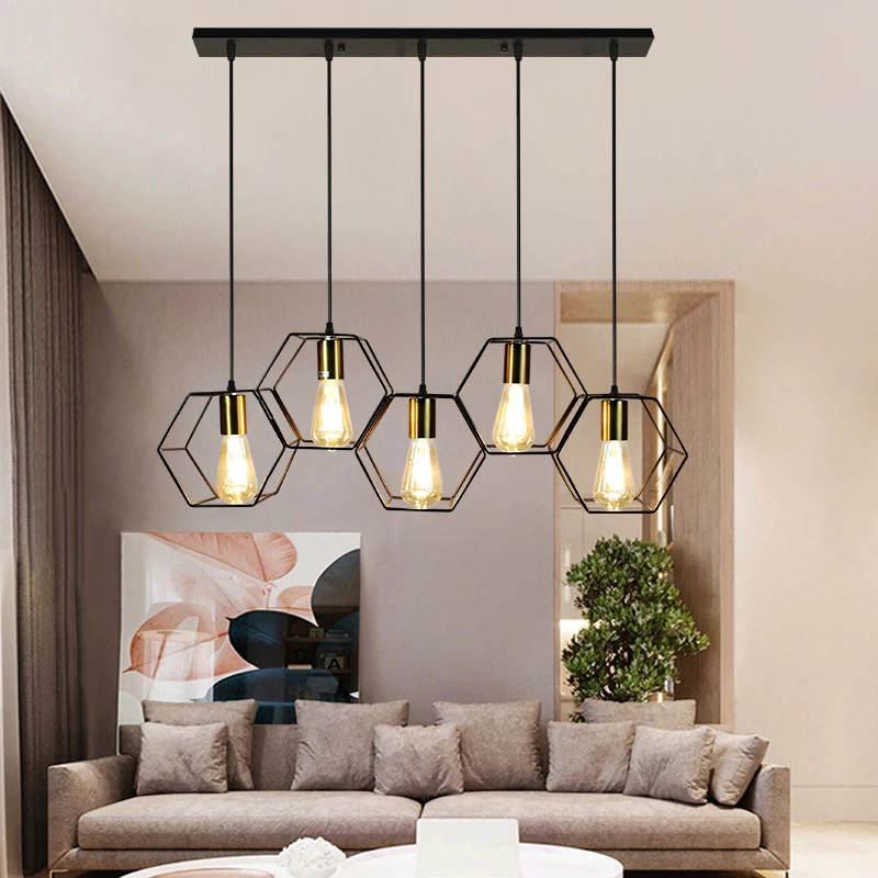 Modern Creative LED Chandelier Hanging Light Geometric Metal Frame Lamp Suitable For Restaurant Bedroom Above the Dining Table